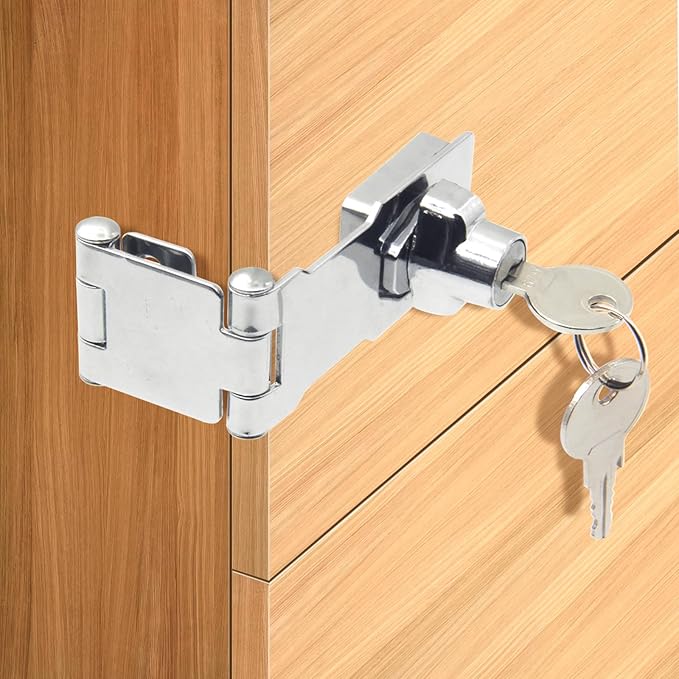 KIBBEH 1 Pack Door Lock Hasp Latchs, Collapsible Solid 304 Stainless Steel File Cabinet Lock Desk Drawer Lock, for 90 Degree and 180 Degree Drawers, Dabinets, Doors, Flip Barn Door (Universal Key)