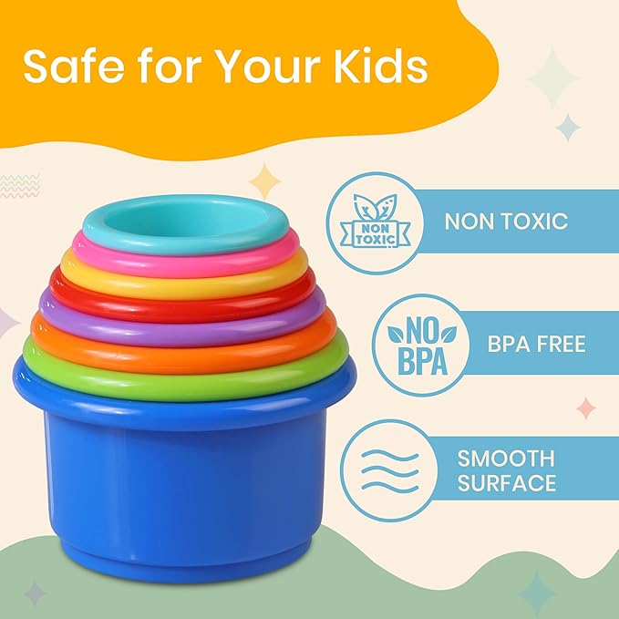Stacking Cups Baby Toy Educational Cup Stacking Set 8-Pc Stackable Cups with Number Rainbow Nesting Cups for Babies 6-12 Months Stacking Cups for Toddlers 1-3 Perfect for Indoor/Outdoor