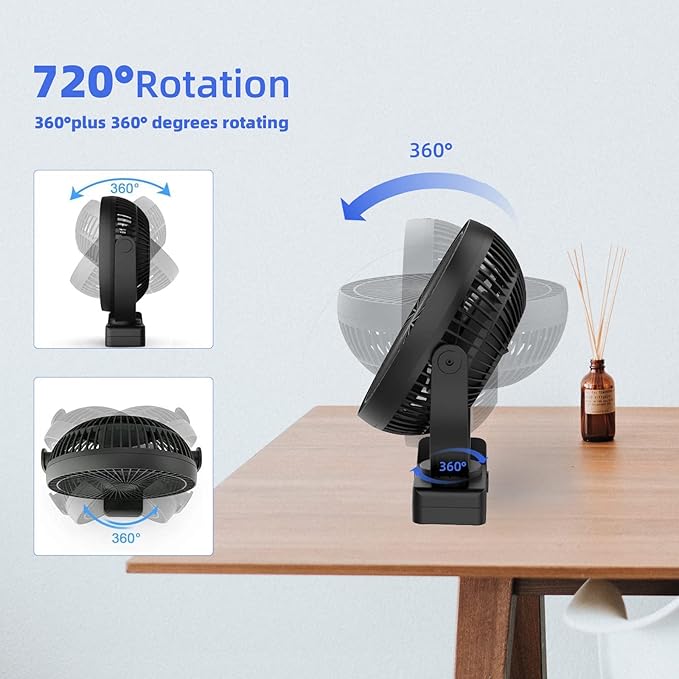 ATEngeus USB Desk Fan, Rechargeable Portable Fan, 8-Inch Clip on Fan, 10000mAh Stroller Fan, 4 Speeds Strong Airflow, 720° Rotation, with Sturdy Clamp, Suitable for home, office and stroller