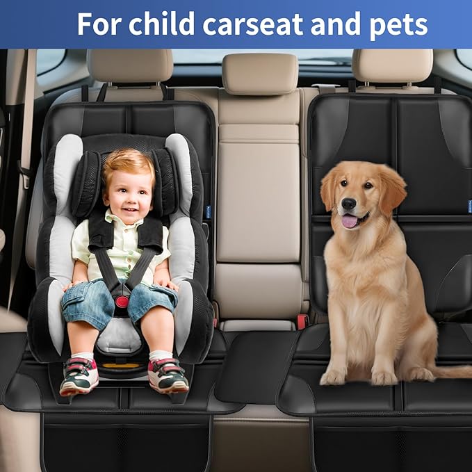 Car Seat Protector, Child Carseat Covers, Protector Car Seat for Baby with Thickest Padded and Non-Slip Waterproof Backing Mesh Pockets for Kids Pets-2 Pack