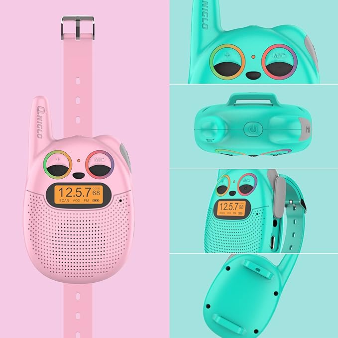 Qniglo Walkie Talkies for Kids Rechargeable, 2 Pack with FM Handheld Walki Talki with Wearable Lanyard & Wrist for Outdoor Camping Games & Birthday Xmas Toys Gifts for Boys Girls Kids