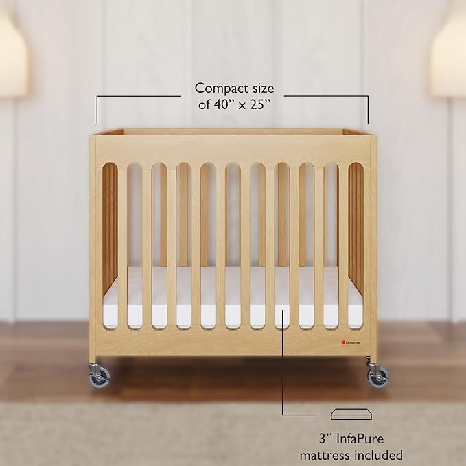 Foundations Boutique Folding Hotel Crib and Sheet Bundle - Includes Wooden Mini Crib with 3" Foam Mattress (Natural) and 6-Pack White Fitted Compact Sheets