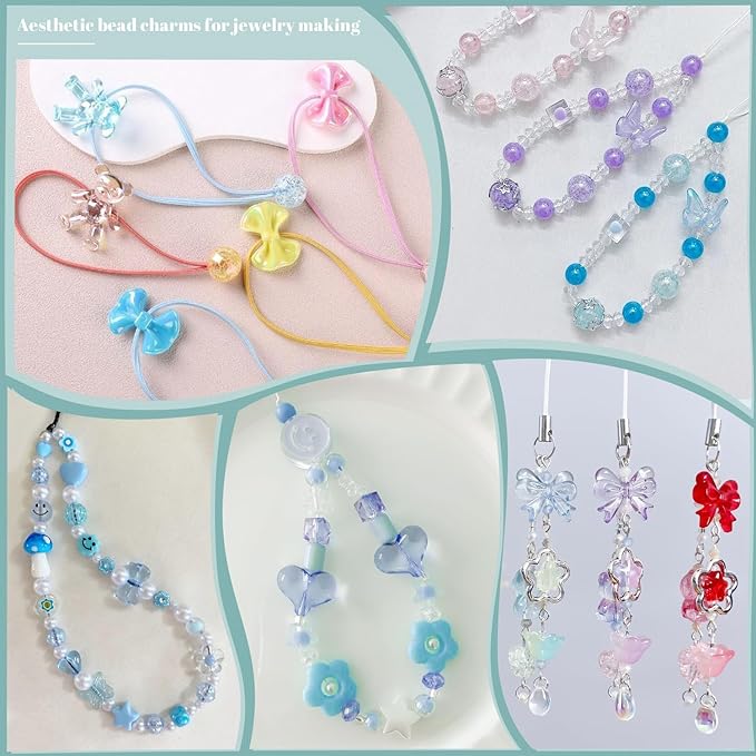 Assorted 180-240PCS Acrylic Beads For Bracelet Making, Flower Bow Butterfly Candy Gummy Bear Kawaii Aesthetic Bracelet Charms,Cute Beads For Jewelry Making DIY Necklace Keychain Phone Charm
