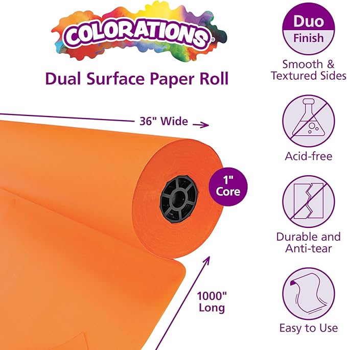 Colorations Arts and Crafts Paper Roll - Orange, Dual Surface, Finger Paints, Painting, Watercolors, Acrylic Paints, Wall Art, Bulletin Board Paper, Kids Crafts (Item # DSOR), 36" x 1000' (1 Roll)