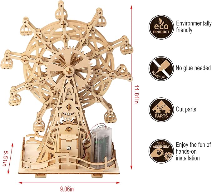 Solar 3D Wooden Puzzle Ferris Wheel DIY Model Kit Craft Sets Educational Wood Mechanical Building Toys for Adult Men Kids