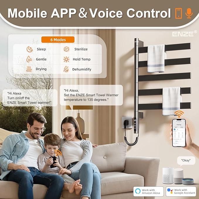 ENZE Smart Rotating Heated Towel Rack for Bathroom, Wall-Mounted Electric Towel Dryer with Swivel Bars, Smart Timer, Low Carbon Steel, IPX5, Plug-in/Hardwired, Towel Warmer with Wi-Fi App Control