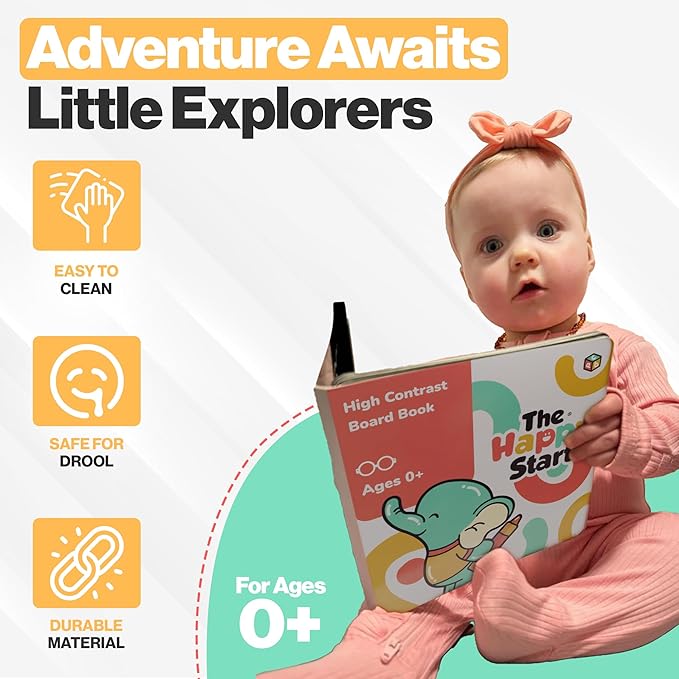 Happy Start Award-Winning High Contrast Board Book - Newborn Black & White Baby Cards, Easy to Clean, Hospital Approved, Stands on Its Own, Tummy Time Toy, Ages 0+ (English - Pack of 3)