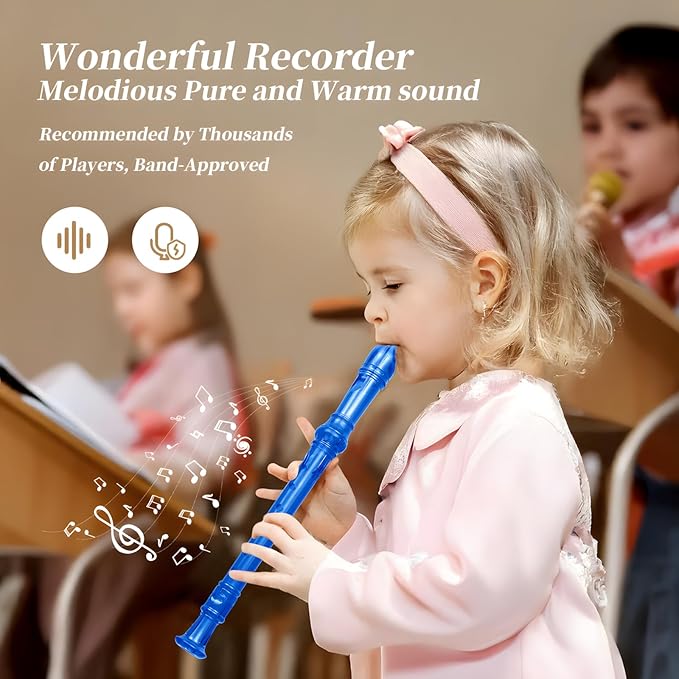 Soprano Recorder for Kids Beginners, German Fingering, C Key, 3 Piece with Cleaning Rod, Bag, Fingering Chart (Crystal Blue)…