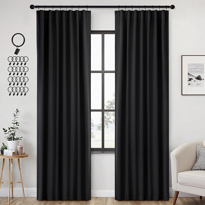 ANRODUO Back Tab Blackout Curtains for Bedroom Living Room, Rod Pocket Pinch Pleated Thermal Insulated Room Darkening Curtains 90 Inches Long 2 Panels, Black, 42 x 90 Inch