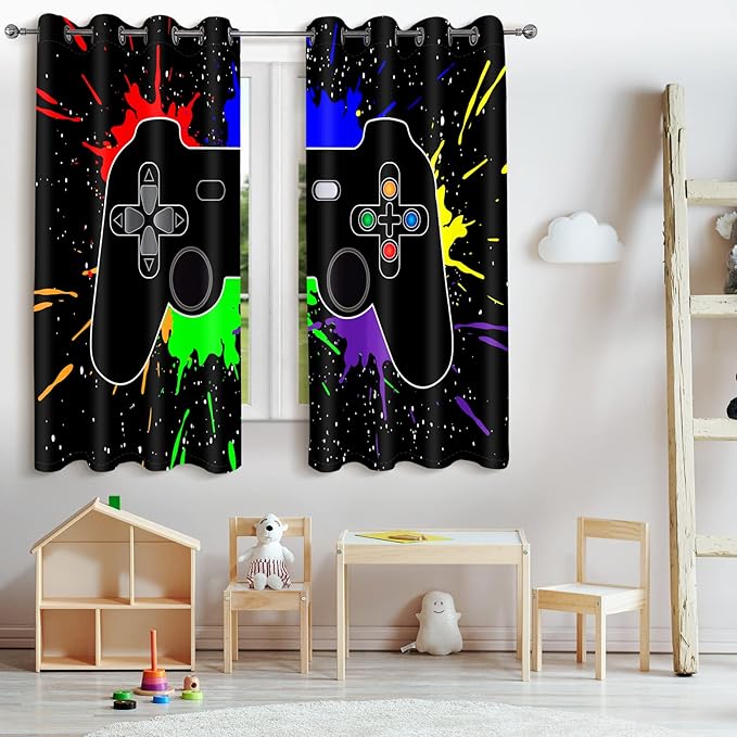 Jekeno Game Controller Blackout Curtains for Kids Boys Teens Bedroom Colorful Video Game Gamer Gaming Gamepad Decor for Home Living Room Grommet Window Drapes 2 Panel Set, 52"x63"