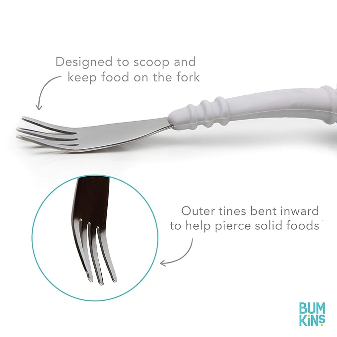 Bumkins Toddler Utensils, Kids Size Fork and Spoon Set, Silicone and Stainless-Steel Training Silverware, Angled Forks / Sporks for Self-Feeding, Children Hold Learning to Eat, 18 Months Up, Gray