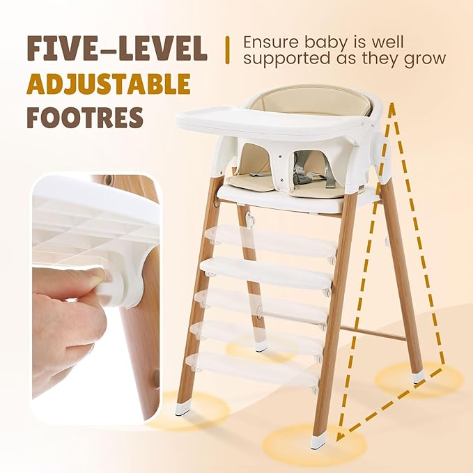 Convertible High Chairs for Babies & Toddlers. 5-in-1 Adjustable High Chair with Removable Tray, Easy to Clean, Portable (White Khaki)
