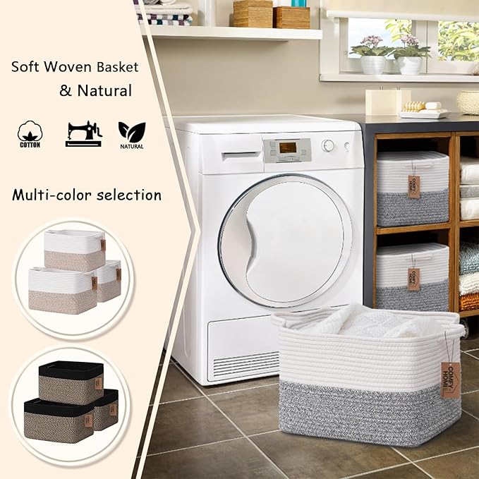 COMFY-HOMI Cotton Rope Woven Basket with Handles for Shelves,Toys,Book, Cloth Storage Baskets Bin for Organizing-13.5"x11"x9.5" Toy Decorative Organizer for Living Room, Bathroom-White/Grey