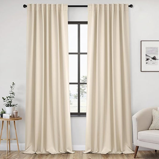 ANRODUO Back Tab Blackout Curtains for Bedroom Living Room, Rod Pocket Pinch Pleated Thermal Insulated Room Darkening Curtains 96 Inches Long 2 Panels, Cream Beige, 52 x 96 Inch