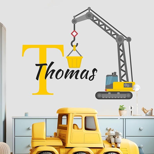 CRYPTONITE Custom Toddler Construction Crane Wall Decal I Personalized Name & Initial I Nursery Decor I Polyvinyl Chloride Sticker - Made in USA (Medium, Multicolor Options)