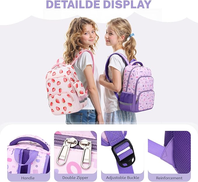 mygreen 3PCS Kids Backpack Set - Waterproof Bookbag with Lunch Box for Girls Ages 3-12, Adorable Cartoon Prints for School & Outdoor Use Pink Mermaid