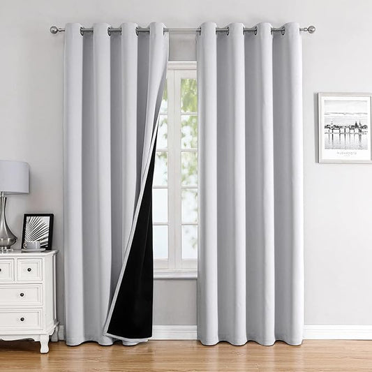ChrisDowa 100% Blackout Curtains for Bedroom with Black Liner, 2 Thick Layers Total Blackout Thermal Insulated Grommet Window Curtains 2 Panels Set (Greyish White, 52 x 84 Inch)