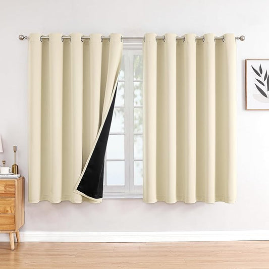 ChrisDowa 100% Blackout Curtains 63 inch Long for Bedroom with Black Liner, Extra Wide 2 Thick Layers Total Blackout Thermal Insulated Grommet Window Curtains 2 Panels Set (Light Beige, 60 x 63 Inch)