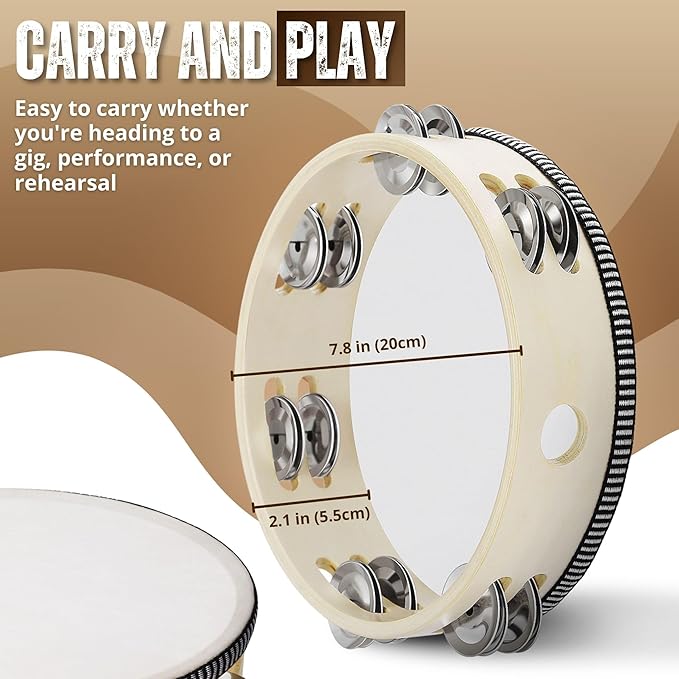 Flexzion Wooden Round Tambourine for Kids and Adults 8" Inch Single Row 8 Pair Jingles, Wood Handheld Percussion Instrument for Beginner and Professional Tambourine Player
