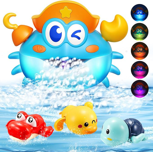 Baby Bath Toys,Light Up Crab Bubble Machine Blower with LED Lights,3 Cute Wind-Up Bath Toys for Kids Ages 1-3 4-8 Toddler Bathub Toy Great Birthday Gifts for Kids