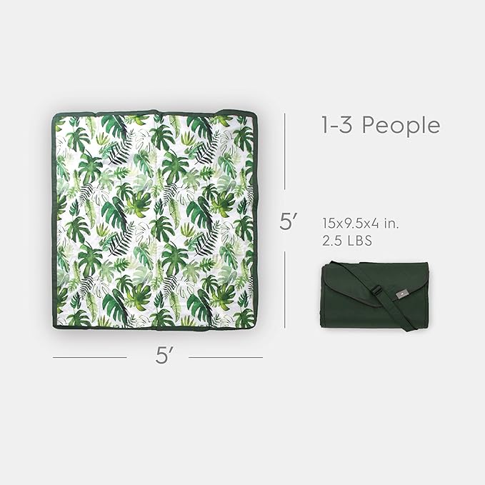 Little Unicorn 5'x5' Outdoor Family Picnic & Beach Blanket | Durable & Water-Resistant Fabric | Compact Fold & Easily Wipes Clean | Zipper Pocket (Tropical Leaf)