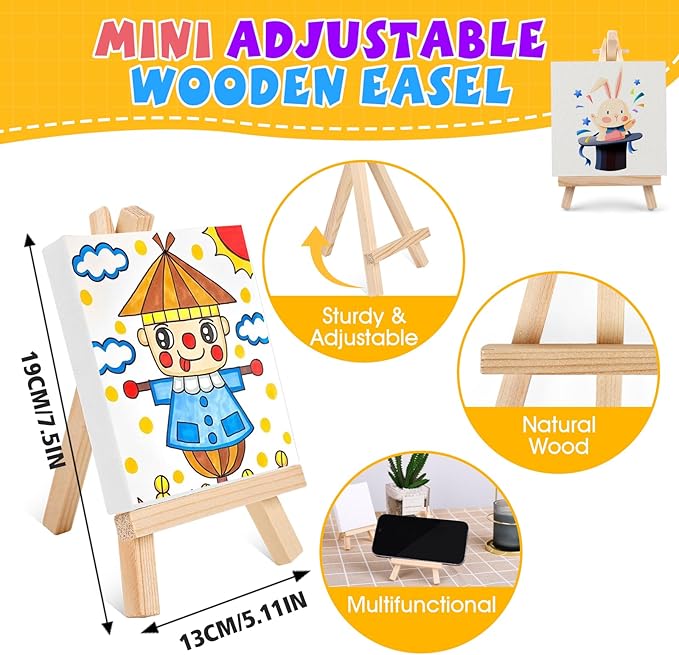 ESRICH 16 Set Mini Acrylic Paint Kit,5in Mini Stretched Canvas with 7.5in Easel,Acrylic Paint Strips,Paint Palettes,Painting Brushes, Small Canvas and Easel Set for Kids Artists Beginner,Gift
