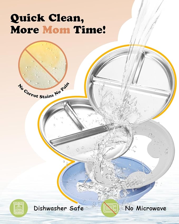 8" Stainless Steel Toddler Plates with Suction, Divided Plates with Removable Silicone Sleeves for Baby, Non Toxic & BPA Free |Unbreakable |Dishwasher Safe Dinnerware Set of 2, Blue & Gray