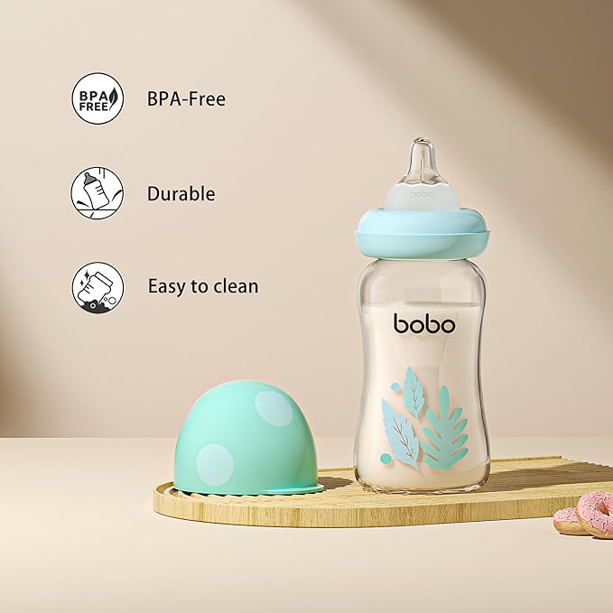 YOHKOH Natural Glass Baby Bottle with Natural Response Nipple, Newborn Anti-Colic Baby Bottles, Wide Neck Mushroom Cap Baby Bottle, Clear ((5.4oz (Pack of 4), Blue-A)