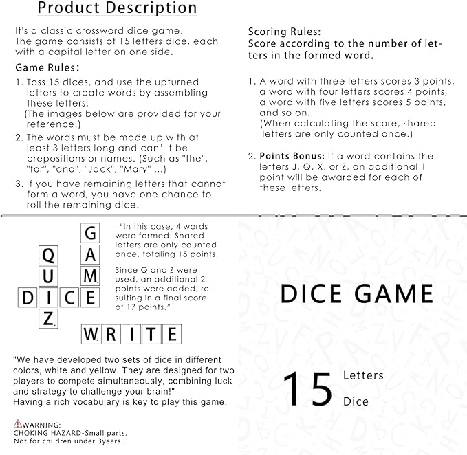 Crossword Dice Game, Word Game, Fun for Family Game Night, Festive Parties, Gatherings & On-The-Go Fun, Crossword Puzzle with 15 Large Letter Dice