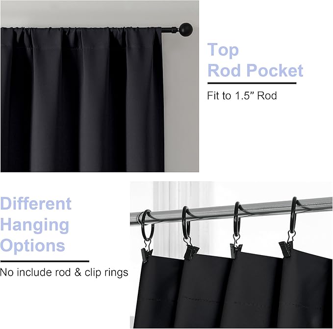 Simplebrand Ava Halloween Black Blackout Curtains for Bedroom 96 Inches Long 2 Panels, Solid Thermal Insulated, Energy Saving Living Room Window Treatment Curtains Blackout Drapes, W50 x L96 Inch
