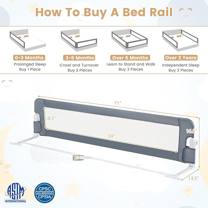 HONEY JOY Bed Rail for Toddlers, Extra Long, Foldable Portable Swing Down Safety Bed Guard Rail, Toddler Bed Rails for Crib, King Queen Full Twin Size Bed Mattress (Light Gray, 2 Pack, 71 Inch)