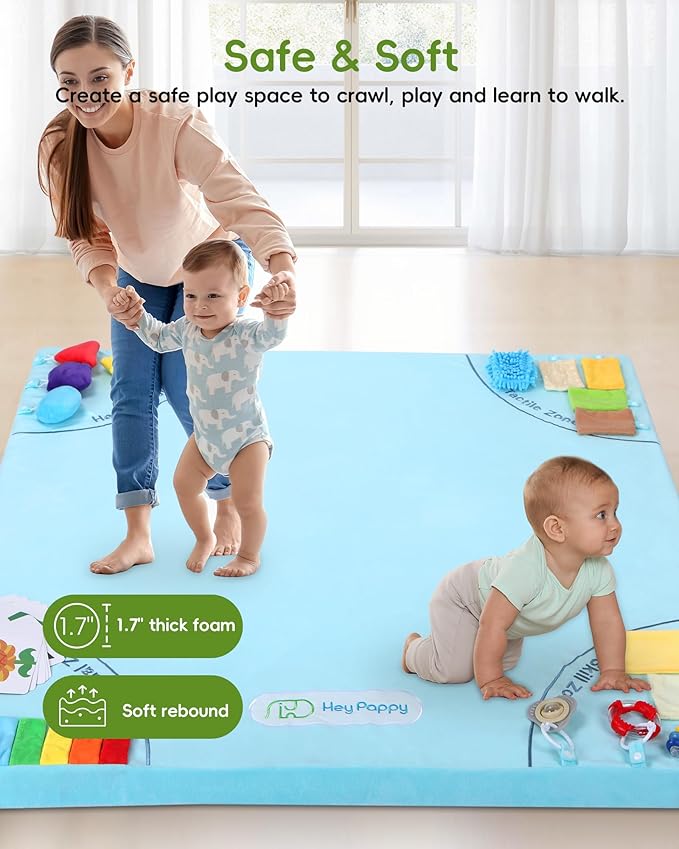 Baby Play Mat, 50''x50'' Playpen Mats with 4 Sensory Development Zones for Motor Skills, Unique Crawling Mats with Non-Slip Cushioned that Fits Nicely into Any Playroom, Blue