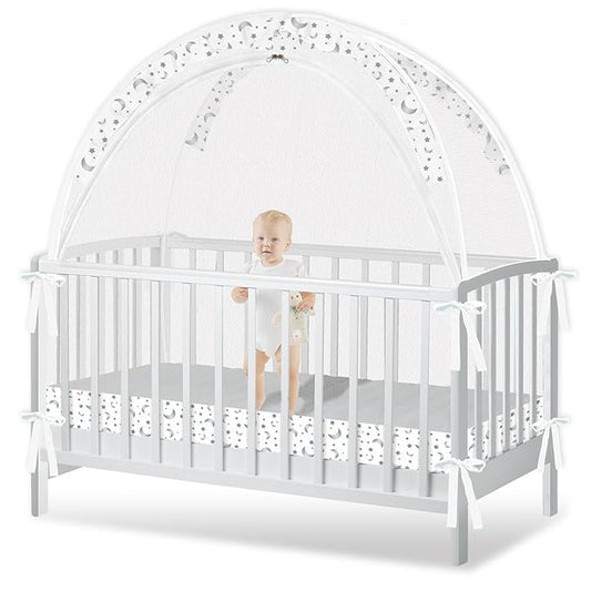 Crib Tent to Keep Baby from Climbing Out - Crib Net to Keep Baby in - Pop Up Breathable Cribs Cover - Canopy with Upgrade Strong Mesh and Durable Zipper (White-Star and Moon, Lager)