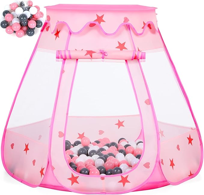 Baby Ball Pit for Toddler with 50 Balls, Kids Pop Up Play Tent for Girls, Princess Toys for Children Indoor & Outdoor Playhouse with Carry Bag (Pink: Pink/White/Gray, 109x90cm/50 Balls)