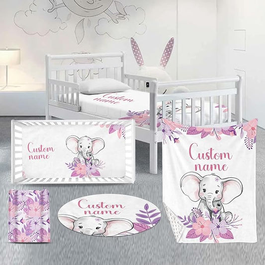 Custom Nursery Crib Bedding Set: Personalized Name 4 Piece Purple Flower Elephant Design Baby Crib Sets for Girls - Toddler Double Layer Blanket Set, Comfortable Crib Bed Sheets for Baby Toddlers