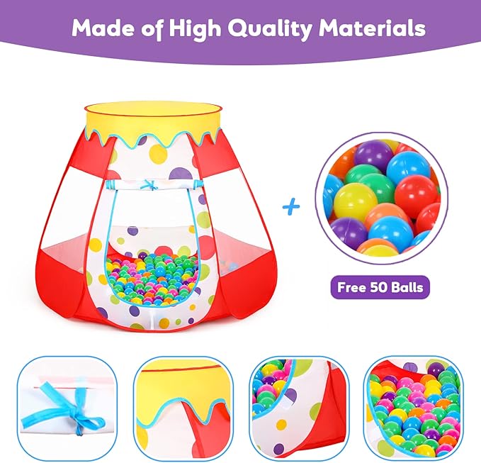 Baby Ball Pit for Toddler with 50 Balls, Kids Pop Up Play Tent for Girls, Princess Toys for Children Indoor & Outdoor Playhouse with Carry Bag (Red: 7 Bright Colors, 109x90cm/50 Balls)