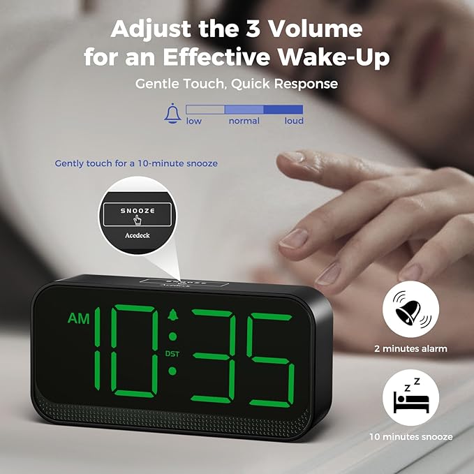 Battery Operated Digital Clock: Cordless Small Alarm Clock for Bedroom Travel - Large Numbers 4 Dimmers for All Ages Green Digits