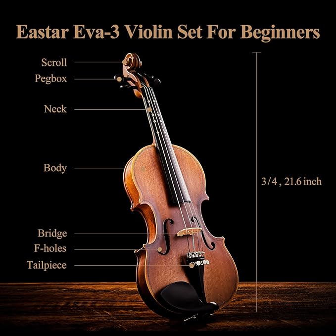 Eastar 3/4 Violin Set Fiddle EVA-3 Matte fo Beginners with Hard Case, Rosin, Shoulder Rest, Bow, and Extra Strings (Imprinted Finger Guide on Fingerboard)