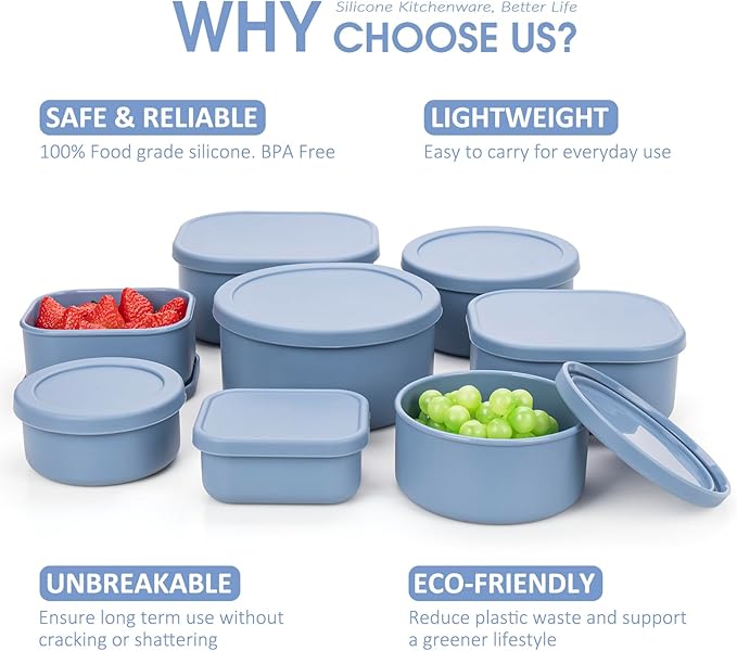 100% Silicone Food Storage Containers with Lids, 8 Pack, 10oz to 51oz, Reusable Leakproof Nesting & Stackable Silicone Bento Lunch Box, Microwave Freezer Dishwasher Oven Safe, BPA Free, Slate Blue