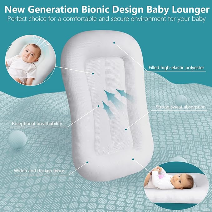 Baby Lounger Pillow Soft Organic Cotton Breathable Infant Lounger for Home and Travel (Pink)