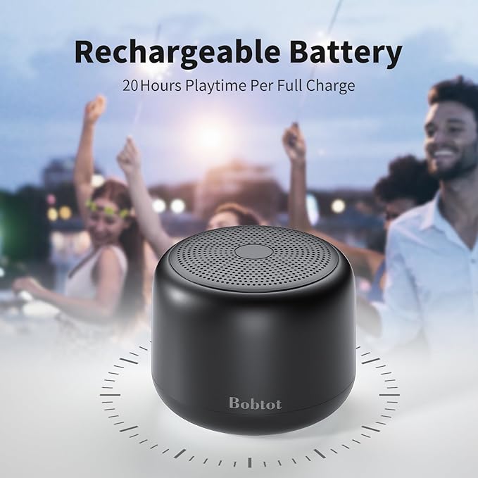 Bobtot Portable Bluetooth Speakers with Strap Easy to Carry, Wireless IPX5 Waterproof Mini Speaker with Loud Stereo Sound, 20 Hours Playtime, Rechargeable Battery, Built-in Microphone, Black