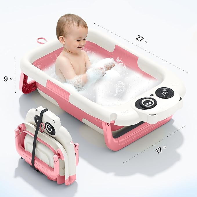 Foldable Baby Bathtub, Lightweight Bathtub for Infants to Toddlers with Soft Cushion & Thermometer, Portable Baby Tub Newborn to Toddler 0-36 Months(Pink)