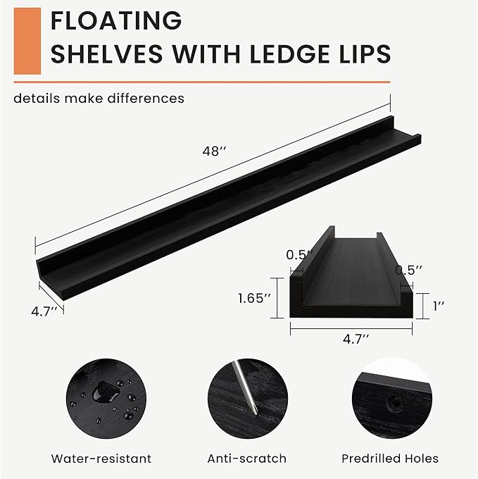 Solid Ash Wood Floating Shelves, Wood Picture Ledge Shelf Set of 2, 48 Inch Long Large Photo Ledge Shelves, Nursery Book Shelves Wall Mounted for Living Room Kids' Bedroom Decor, Black