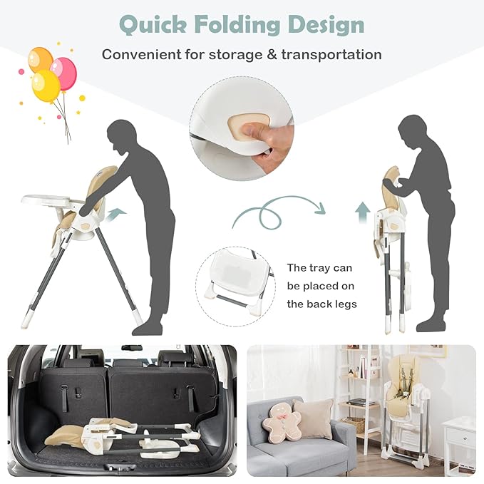 BABY JOY High Chair for Babies & Toddlers, Foldable High Chair w/Adjustable Height/Backrest/Footrest, Double Removable Tray, Book Holder & Storage Bag, Highchair for 6-36 Months Girls Boys (Beige)