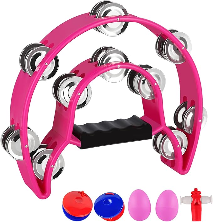 EastRock Double Row Tambourine,Metal Jingles Hand Held Percussion-Half Moon Tambourine for Adults, KTV, Party Pink