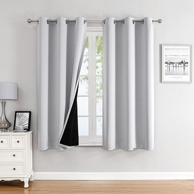 ChrisDowa 100% Blackout Curtains for Bedroom with Black Liner, 2 Thick Layers Total Blackout Thermal Insulated Grommet Window Curtains 2 Panels Set (Greyish White, 42 x 63 Inch)