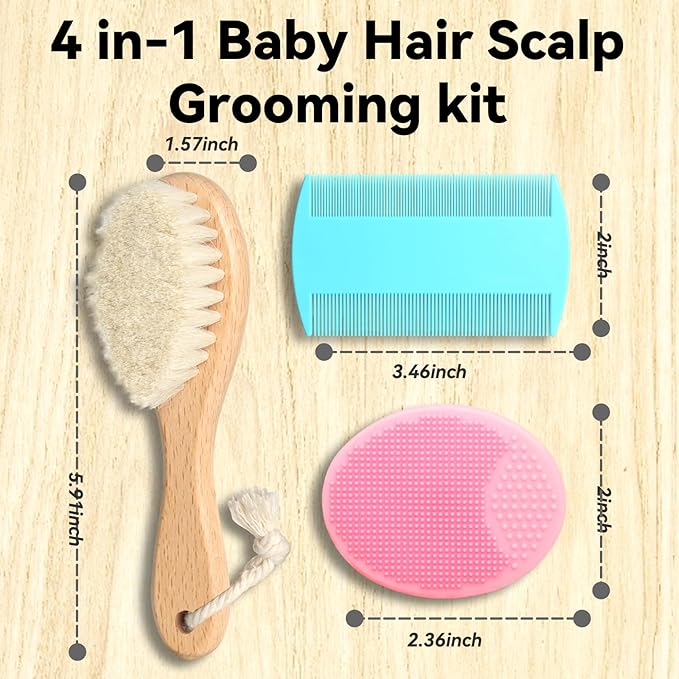 Goat Baby Hair Brush Set, 2pcs Wooden Soft Bristles Brush with Comb and Pink Silicone Bath Brush for Newborns Toddlers Safe Natural Hair Care Kit