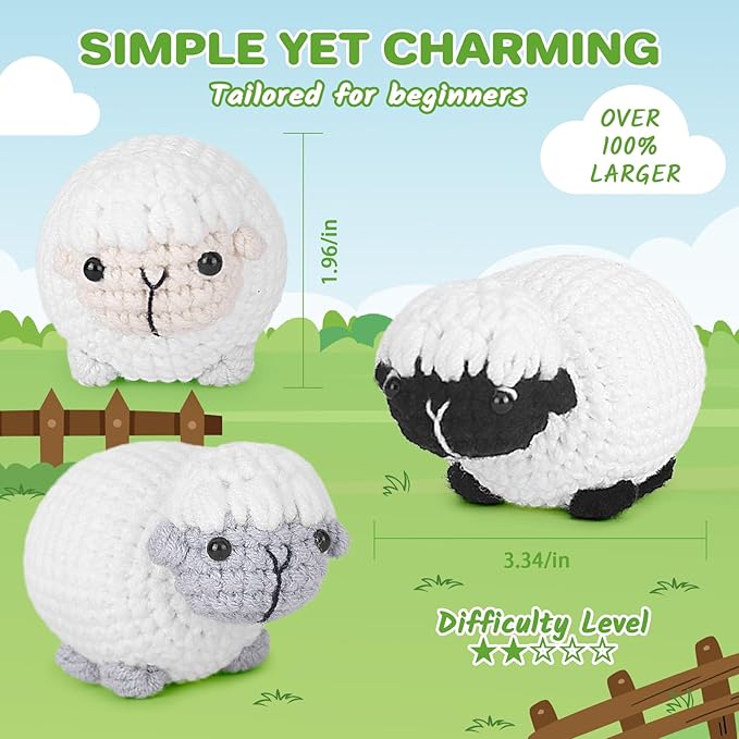 Crochet Kit for Beginners, Crochet Starter Kit with Step-by-Step Video Tutorials, Amigurumi Crochet DIY Knitting Supplies for Adults Kids, 3-Pack Little Lambs (40%+ Yarn)