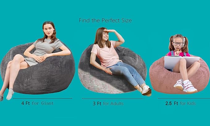 2 Pcs Classic Bean Bag Chair, with Faux Rabbit Fur Cover for Teens and Kids, Memory Foam Bean Bag Chairs, Ultra Soft Faux Fur Fabric, 2.5 feet Round Fluffy Bean Bag Sofa