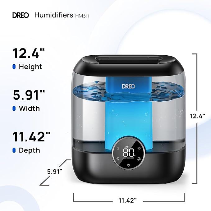 Dreo 6L Top Fill Humidifiers for Bedroom, 60H Runtime Supersized Cool Mist Humidifier for Large Room, 28 dB Quiet Baby Air Humidifiers for Nursery, Plants, Indoor, Night Light, LED Display, Ultrasonic